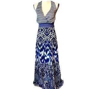 Eva Mendes Size S Blue White Halter Neck Open Back Tiered Maxi Dress Resortwear